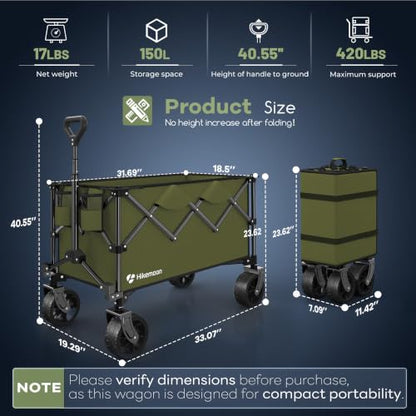 HIKEMOON 150L Collapsible Wagon Compact with Big Wheels, 420LBS Green - color: Army Green