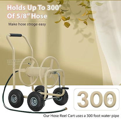 FDW Garden Hose Reel Cart, Water Hose Cart with 4 Wheels, Hold Up to 300 ft of 5/8’’ Hose，Heavy Duty Powder-Coated Steel Planting with Storage Basket, for Garden, Yard and Lawn - color: Tan