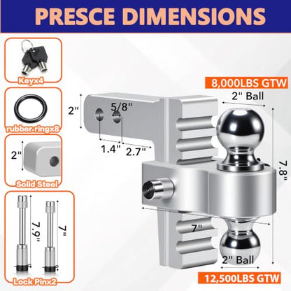 2" Aerospace Aluminum Trailer Hitch with 6 Inch Rise/Drop & 12,500 lbs GTW - color: Silver