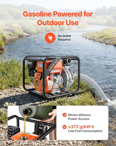 VEVOR Gas Powered Water Pump, 2 in, 128 GPM 6HP Semi Trash Water Transfer Pump Portable, Gasoline Engine with 25 ft Discharge Hose, Heavy Duty Frame, Cast Iron Impeller, for Irrigation, Ponds, Pools - size: 2in 6.0 HP 128GPM