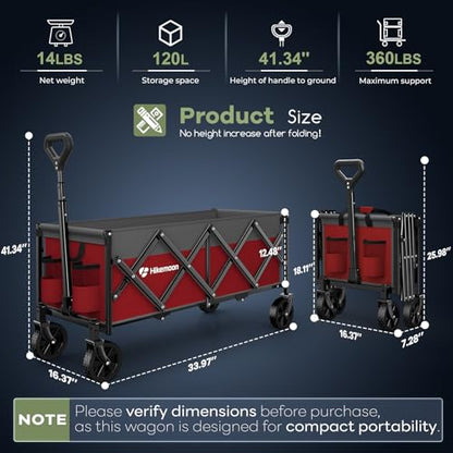 HIKEMOON 34'' Extra Long Folding Portable Wagon, 120L 360LBS Red & Grey - color: Red & Grey