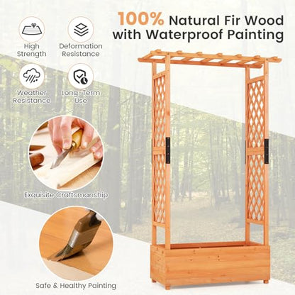 S AFSTAR 72-Inch Raised Garden Bed with Arch Trellis, Hanging Roof & Drainage Holes, Vertical Plant Container for Vine Climbing Plant Flower, Indoor Outdoor Wood Elevated Planter Box for Garden Patio - size: 43.5"L x 17.5"W x 72"H
