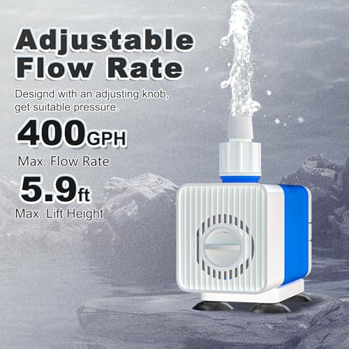 Fountain Pumps 400GPH Submersible Water Pump Outdoor with 5.9ft. High Lift - size: 400GPH Adjustable flow