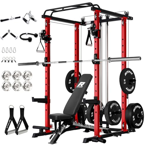 RitFit PPC-P3 Power Cage with Cable Crossover System, 1200LB Capacity - color: Red, style: Package 1.9K (with BP 340lbs Plates)