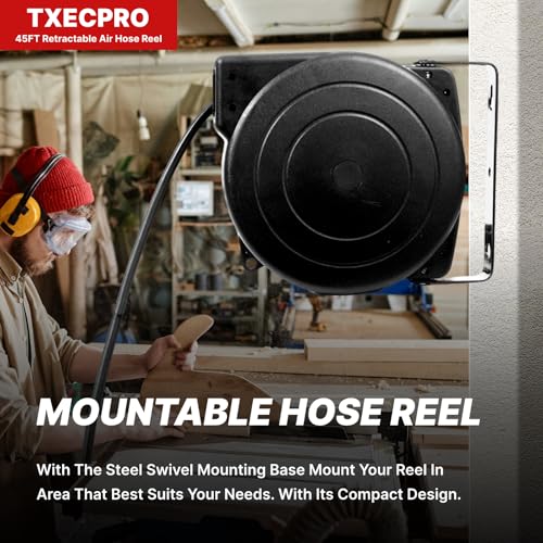 Retractable Air Hose Reel, 1/4 IN x 45 FT Hybrid Air Hose Max 300 PSI, Air compressor hose reel with 5 ft Lead in, Ceiling/Wall Mounted air hose reel,Heavy Duty air tool