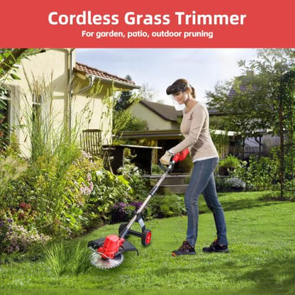 Cordless Weed Wacker with 2 x 4.0Ah Batteries and Wheel - color: Red
