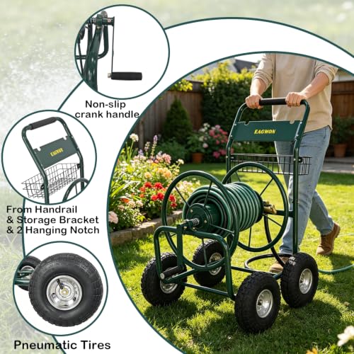 Upgrade Hose Reel Cart, 4-Wheel Heavy Duty Steel Garden Hose Cart, Holds Up to 300 ft 5/8'' Hose, with Hose Guide & Storage Basket, Portable Water Reel for Yard, Lawn & Outdoor Use