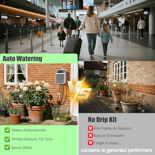 Solar Automatic Drip Irrigation System, DIY Self Watering System with Timer, 10m/33FT Hose, Solar Powered Auto Irrigation Kit for Greenhouse Accessories for Yard, Lawn