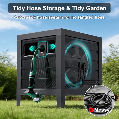 Metal Garden Hose Reel Box, Heavy Duty 150Ft 5/8" Large Capacity Hose Storage Deck Box with Hose Guide, 6Ft Leader Hose, Leak-Proof Aluminum Water Connection, Manual Crank Handle (Dark Brown) - color: Dark Brown