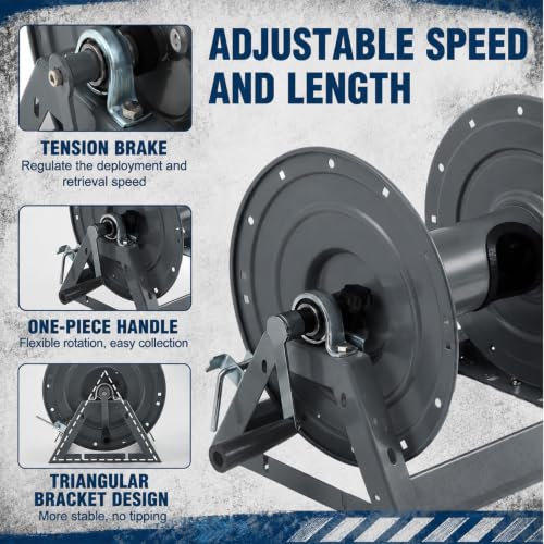 Lounsweer Pressure Washer Hose Reel 3/8" x 300' Steel Manual Crank with Flat Sidewalls, A-frame, Pin Lock and Brake and Stainless Steel Swivel Inlet, 5000 PSI Capacity, 3/8" NPT-F, Grey - color: Grey