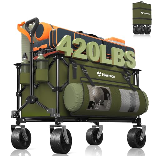 HIKEMOON 150L Collapsible Wagon Compact with Big Wheels, 420LBS Green - color: Army Green