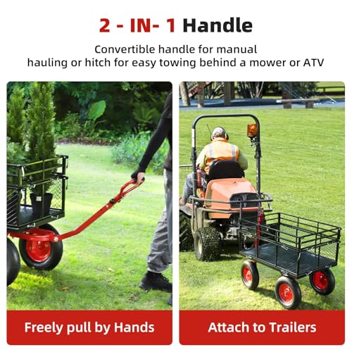 Heavy Duty Garden Utility Cart for Yard Lawn Farm - 880 Lbs Capacity Steel Construction with 10" Off-Road Tires & Removable Mesh Sides, 180° Rotating Handle - All Terrain Outdoor Hauler