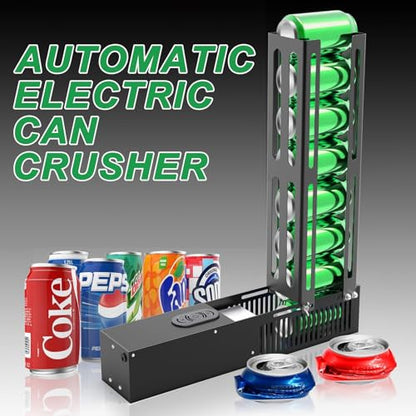 Electric Can Crusher: 8oz/12oz/16oz Automatic Crusher, Loads 8 Cans for Sequential Crushing with Auto-Eject, Heavy Duty for Recycling Soda, Beer & Plastic Bottles