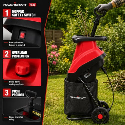 PowerSmart Electric Wood Chipper Shredder, 15-Amp|4500RPM Corded Wood Chipper for Branches Up to 1-5/8 Inch, Portable Yard Waste Shredder with 50L Collection Bag for Garden, Lawn & Landscaping Cleanup