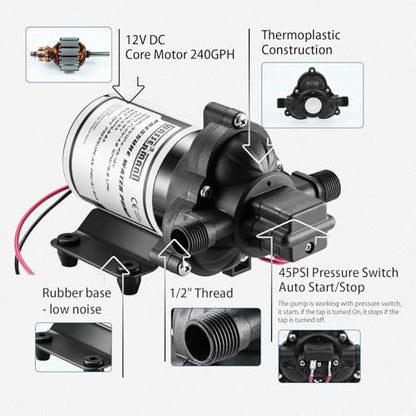 WASSERMANN RV Pump, 12V Self-priming RV Water Pressure Pump 4.0GPM 45PSI with Pressure Switch, for RV Marine Camping Yacht Garden, 12Volt DC Fresh Water Pumps RV Water Pump 2088-554-144 Replacement - color: White02