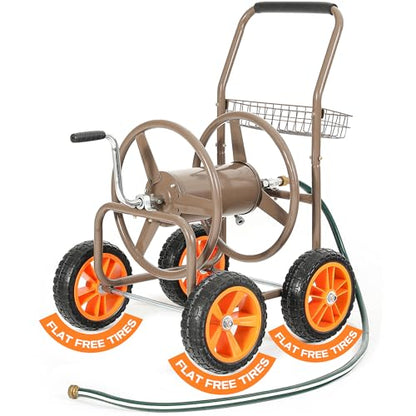 250FT Garden Hose Reel Cart, 10" NO-FLAT Tires,5/8 in, Steel Frame - color: Brown