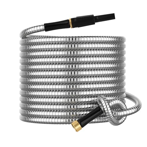 Non-Expandable Metal Garden Hose 100 Feet with Sprayer Nozzle, Flexible, No Kinking, Lightweight & Heavy Duty Water Pipe, Stainless Steel Outdoor Water Hose for Yard 100 ft, Male to Female Connector - size: 100ft