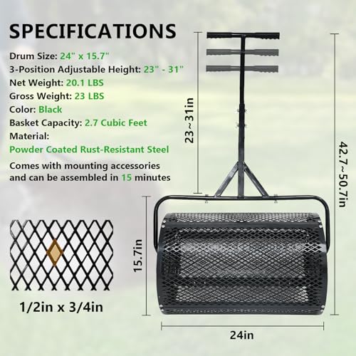 24 Inch Compost Spreader, Metal Mesh Peat Moss Spreader for Lawns - size: 24 Inch
