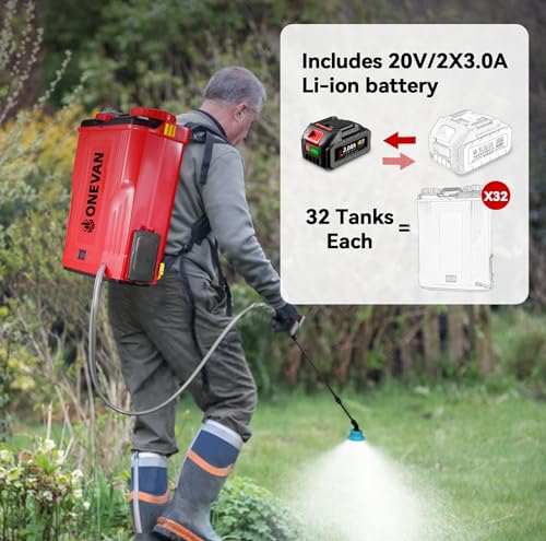 ONEVAN 5.3Gal Battery Powered Backpack Sprayer, 100PSI with Mixing Function - color: Red