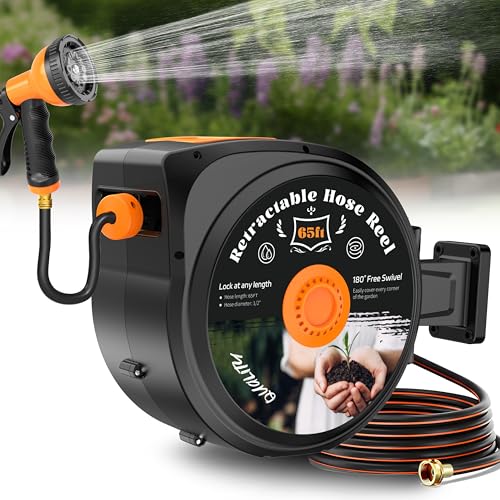 Retractable Garden Hose Reel, 1/2 in x 65 ft Wall Mounted Hose Reel - size: 65FT