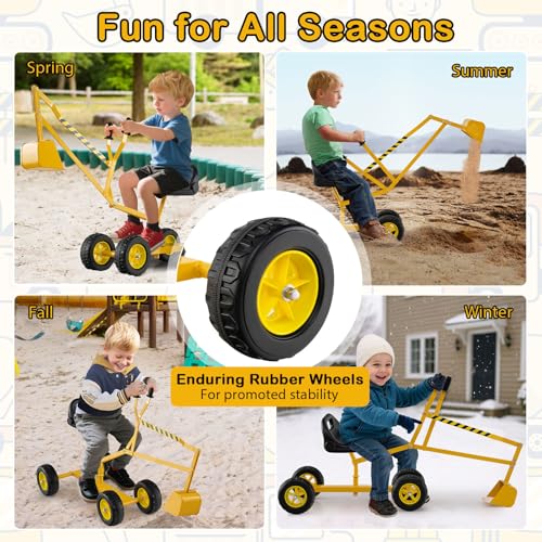 Costzon Kids Ride On Digger, 360° Seat Rotatable Excavator Crane Toy for Sand, Dirt, Snow, Heavy Duty Steel Beach Sandbox Sit on Digger for Boys Girls Outdoor Play (with Wheels) - style: w/ 4 Wheels