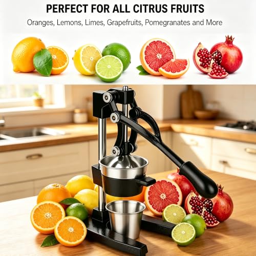 Cast Iron Orange Juicer Squeezer Hand Press Heavy Duty Countertop Squeezer Manual Citrus Juicer with a Stainless Steel Cup for juicing oranges, lemons, pomegranates, limes, citrus, etc（Black） - color: Black