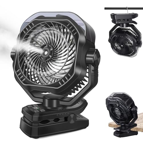 Portable Rechargeable Misting Fan with 12oz Mist, Battery Life Display, Remote, Timer, Light, 5 Speeds, 9-Inch, 20000mAh 120H Battery Powered Clip Fan for Stroller, Travel, Outdoor, Poweroutage - color: 20000mAh-Black-