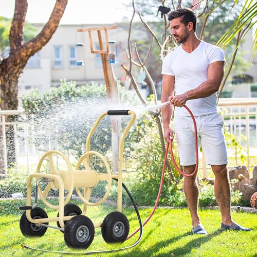Hose Reel Hold Up To 300 Ft Heavy Duty Garden Hose Reel Sturdy Water Hose Reel Cart with 4 Wheels Storage Basket for Garden Lawn Yard Outdoor (Tan) - color: Tan