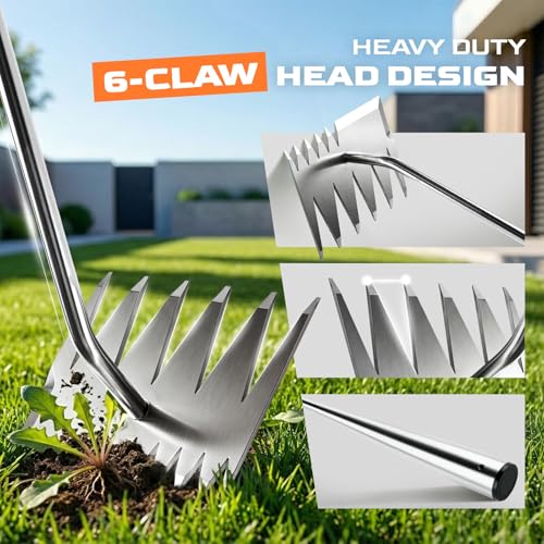 Weed Puller Tool, Heavy-Duty Stainless Steel Garden Hand Weeding Tool - size: 6-tooth
