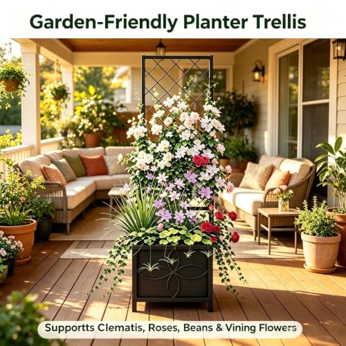 Zhongma 15.75 x 15.75 x 55 in Raised Garden Bed with Trellis,Heavy Duty Plant Box for Climbing Plants with Drainage Hole, Metal Lattice Planter Gardon Box with Inner Fabric Liners. - size: 15.75 x 15.75 x 55 in