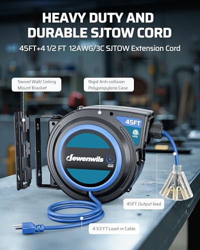 DEWENWILS 45FT Extension Cord Reel with Twist-lock Stopper, 12AWG - color: Blue, 45ft