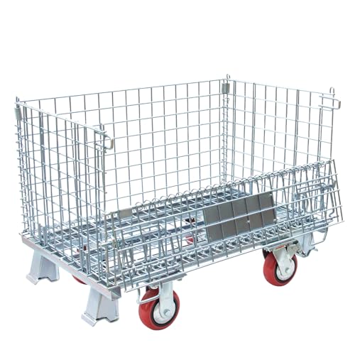 Collapsible Wire Mesh Container with Casters, 32"x20"x24", 1500 lbs Heavy-Duty Steel Storage Bin, Stackable Industrial Material Handling Cart
