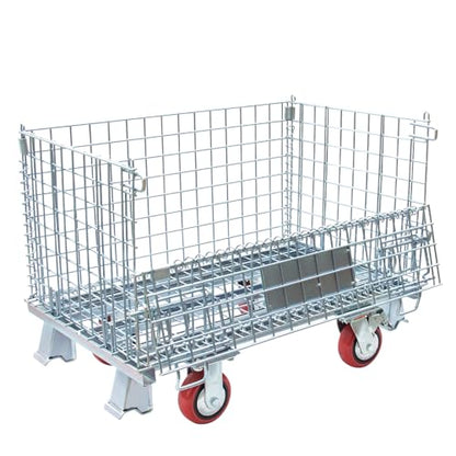 Collapsible Wire Mesh Container with Casters, 32"x20"x24", 1500 lbs Heavy-Duty Steel Storage Bin, Stackable Industrial Material Handling Cart