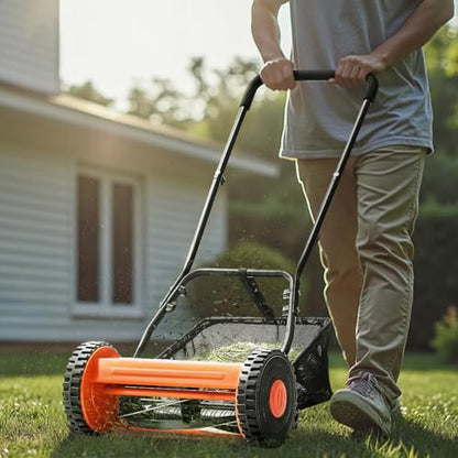 VEVOR Push Reel Lawn Mower 16 inch, 5 Blades Manual Push Mower No Motor, 0.6-1.75 in Adjustable Cutting Height, Walk-Behind Lawn Mowers with Grass Catcher Bag for Green Lawns, Driveways, Courtyards - size: 16 inch