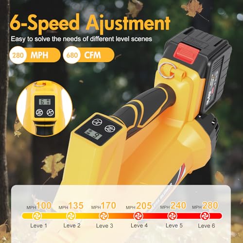 Electric Leaf Blower Cordless with 2 x 6.0Ah Batteries 6 Speed Mode - color: Yellow