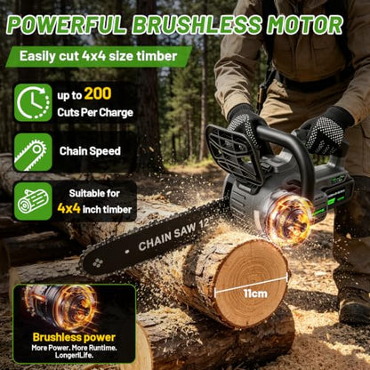 12" Cordless Electric Chainsaw with Brushless Motor, 2x4.0Ah Battery