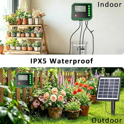 Lewisia Solar Automatic Drip Irrigation Kit with Timer and Water Sensor for 15 Potted Plants Self Watering System DIY Plant Waterer Auto-Irrigation Set for Garden Raised Beds Patio Greenhouse