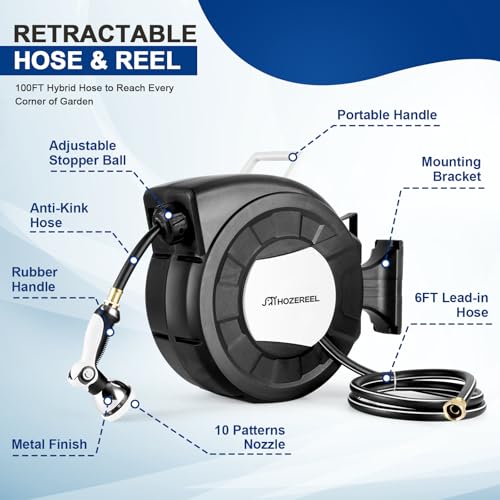 100 FT x 1/2" Retractable Garden Hose Reel Black - color: Black