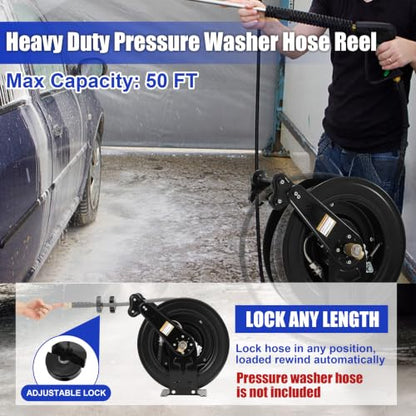 FIXFANS Pressure Washer Hose Reel 50FT X 3/8", Retractable - size: 50 FT x 3/8"