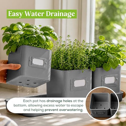 volila Herb Planter Indoor - Set of 3 Grey Indoor Herb Garden Pots for Plants with Leather Handled Tray - Window Sill Plant Shelf - Herb Pots with Drainage Holes and Labels - color: Charcoal Grey
