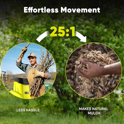 15-Amp Electric Wood Chipper, 50L Collection Bag Chipper Shredder, 1.8" Cutting Diameters Mulcher with Max 25:1 Reduction, Easy-Cleanup Dual Steel Blades Ideal for Twigs, Branches - color: Light Green