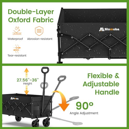 Blomoba 35" Extra Long Folding Wagon with Adjustable Handle & Wheels, Black - color: Black
