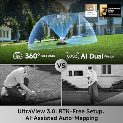 MOVA LiDAX Ultra 2000 AWD Robot Lawn Mower Wire Free RTK Free for up to 0.5 Acre*Dual Maps, 360° 3D LiDAR & AI Dual Vision Mapping, Robotic Mower with 4G, for 80% Slopes, Cutting Height 1.2”–3.9“ - color: 2000 AWD: Mows up to 0.5acre