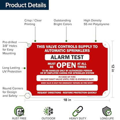 This Valve Controls Supply To Automatic Sprinklers Alarm Test Sign, 12x18 Inches, 55 mil thick HDPS (high density polystyrene), Made in USA by My Sign Center - size: 12x18 Polystyrene