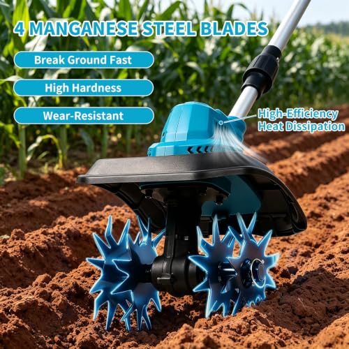 Tiller Cultivator Compatible with Makita 18V Battery (Tool Only),500 RPM Cordless Brushed Garden Rototiller,9’’ W× 7’’ D Electric Soil Rototiller,Foldable Soil Tilling Tool for Gardening/Soil Turning