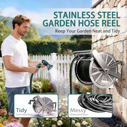 Stainless Steel Garden Hose Reel Heavy Duty, Wall Mount Water Hose Holder, 150 Feet of 5/8 Inch Hoses Capacity, Hose Reels with 5 ft Inlet Hose for Outside, Lawn, Yard, Garage - size: 150 ft Capacity without Hose
