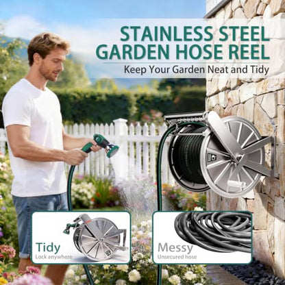 Stainless Steel Garden Hose Reel Heavy Duty, Wall Mount Water Hose Holder, 150 Feet of 5/8 Inch Hoses Capacity, Hose Reels with 5 ft Inlet Hose for Outside, Lawn, Yard, Garage - size: 150 ft Capacity without Hose