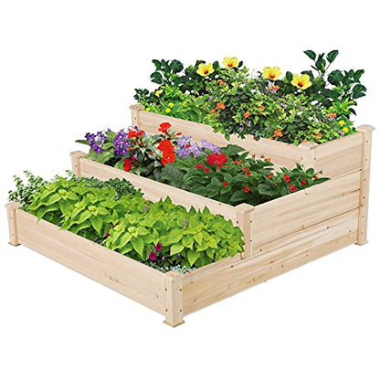 Yaheetech 3 Tier 47 x 47 x 22in Raised Garden Bed Horticulture Outdoor Elevated Flower Box Tiered Garden Bed Wooden Vegetables Growing Planter for Backyard/Patio/Gardener - color: Natural Wood