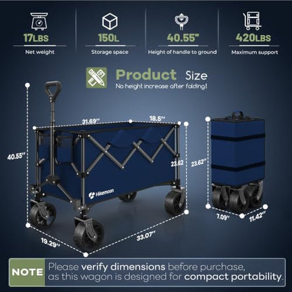 HIKEMOON 150L Collapsible Wagon Compact with Big Wheels, 420LBS Blue - color: Navy Blue
