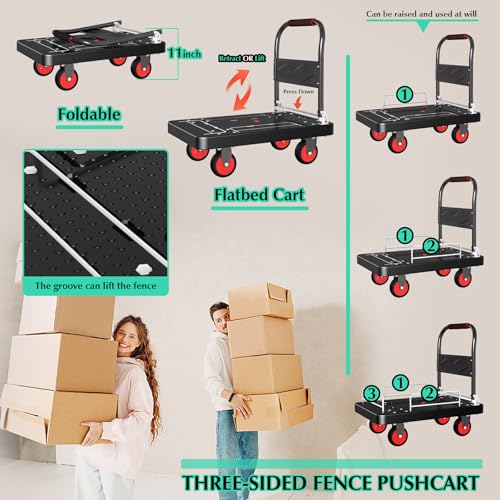 Foldable Platform Truck Cart with 3 Fence 1100lbs Capacity - color: Black, size: 28"x19"
